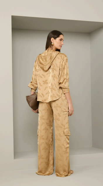 Beige Satin Butterfly Blouse and Pants Set