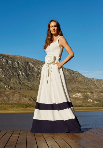 Strap Dress - Bicolor Bar - Off White and Navy Blue (Flower Sold Separately)