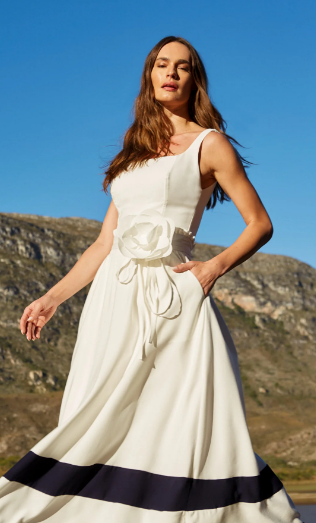Strap Dress - Bicolor Bar - Off White and Navy Blue (Flower Sold Separately)