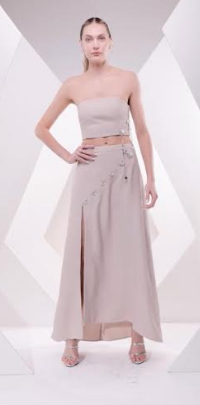 Top and Long Skirt with Broches - Beige