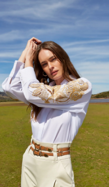 White Blouse - Shirt - Embroidered Sleeve Pattern