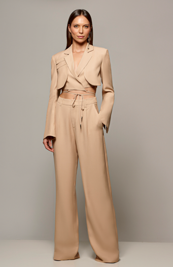 Cropped Overlay Blazer and Pant Set - Dark Beige