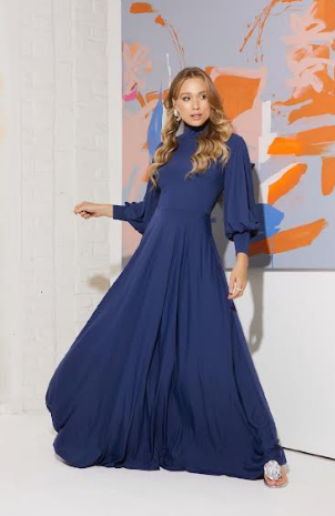 Long Dress "Rita" Navy Blue Mock Turtleneck