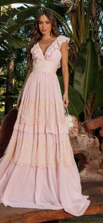 Long Dress Pink with Ruffles and Buttons - Sleeveless