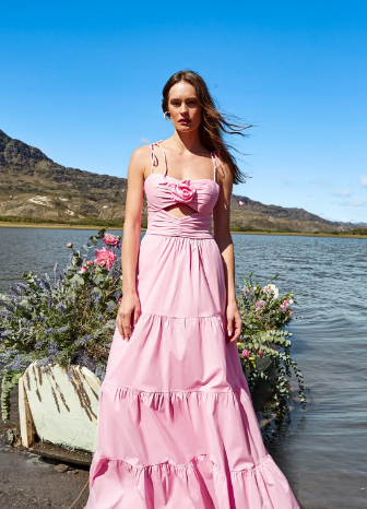 Long Dress - Pink - Cutout Bust with Flower